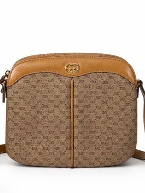 Vintage Gucci Monogram Crossbody Shoulder Bag Tan Beige GG Canvas Leather